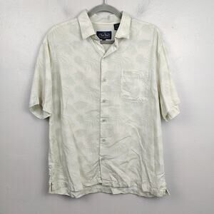 Nat‎ Nast Button Up Shirt Mens Large Cream Green Silk Cotton Blend Camp Hawaiian